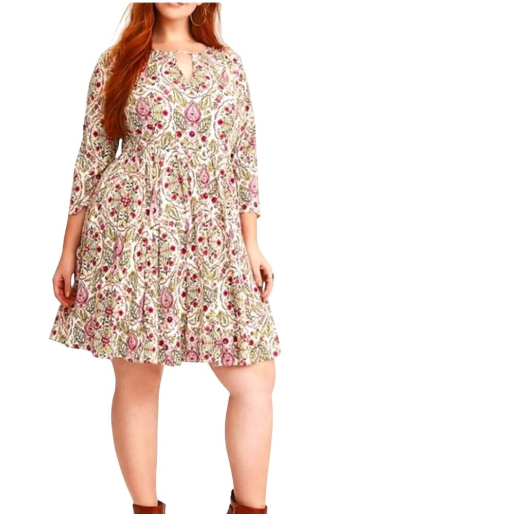 Torrid Beautiful Floral 3/4 Sleeves Key Hole Mini Flowy Baby Doll Dress PP26
